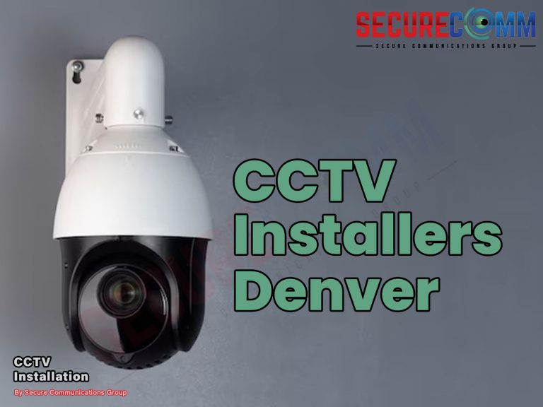 Modern CCTV camera with Secure Communications Group logo, highlighting their CCTV installation services in Denver.