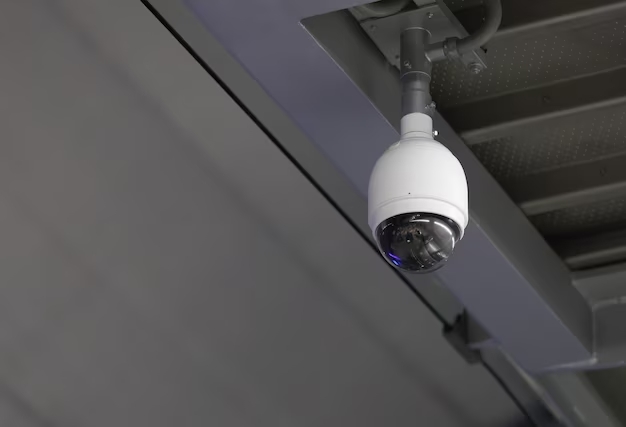 Ceiling-mounted white dome security camera in an indoor environment.